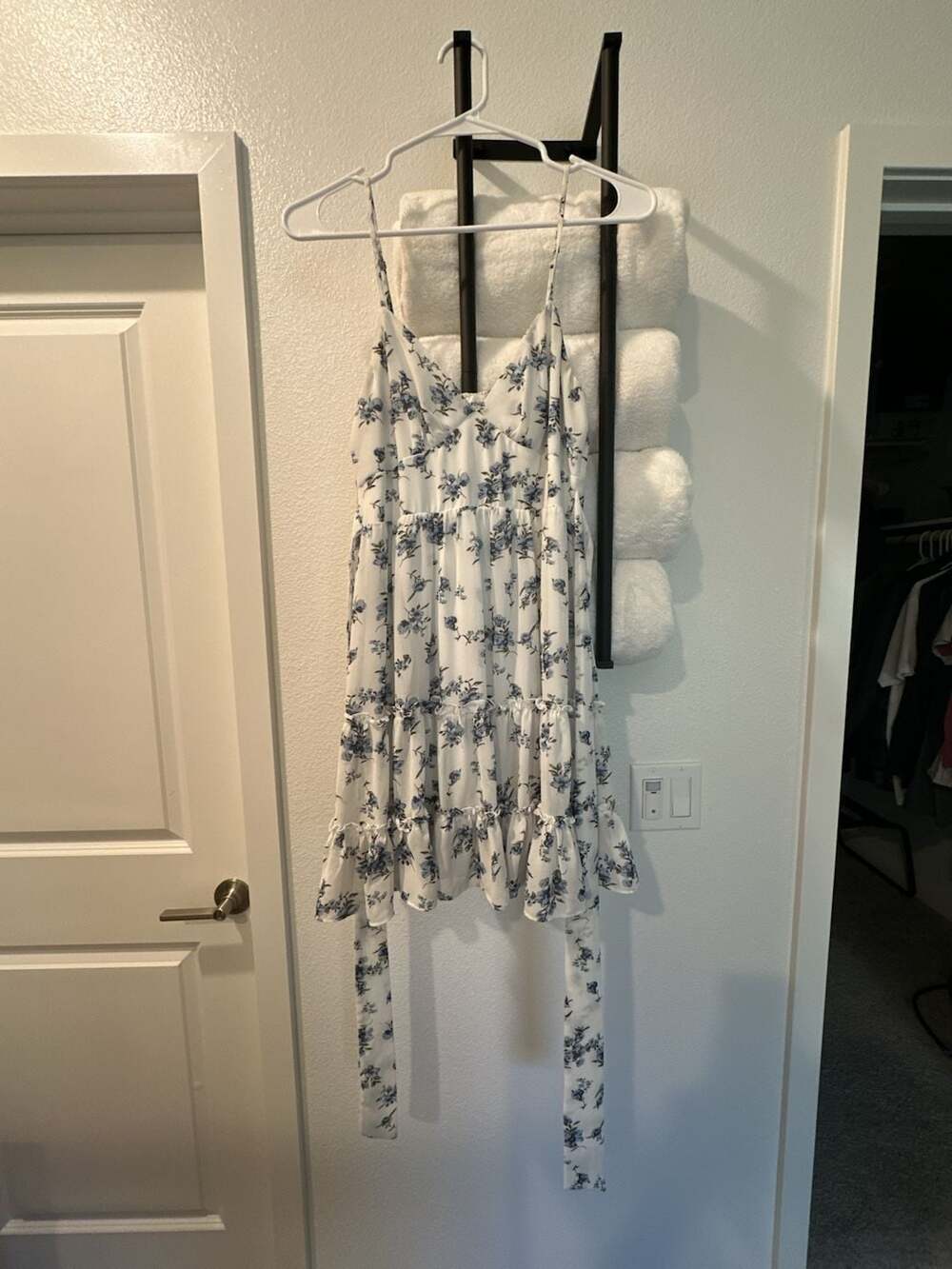 French Kiss White and Blue Floral Print Tiered Mini Dress
